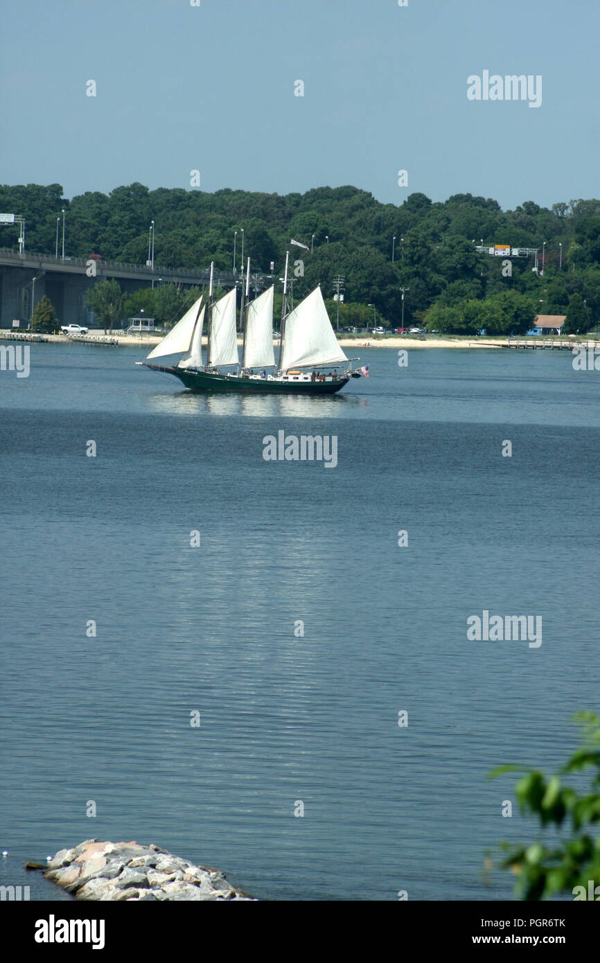 Private charter sailing cruise in Historical city of Yorktown, Virginia, USA. Schooner. Old