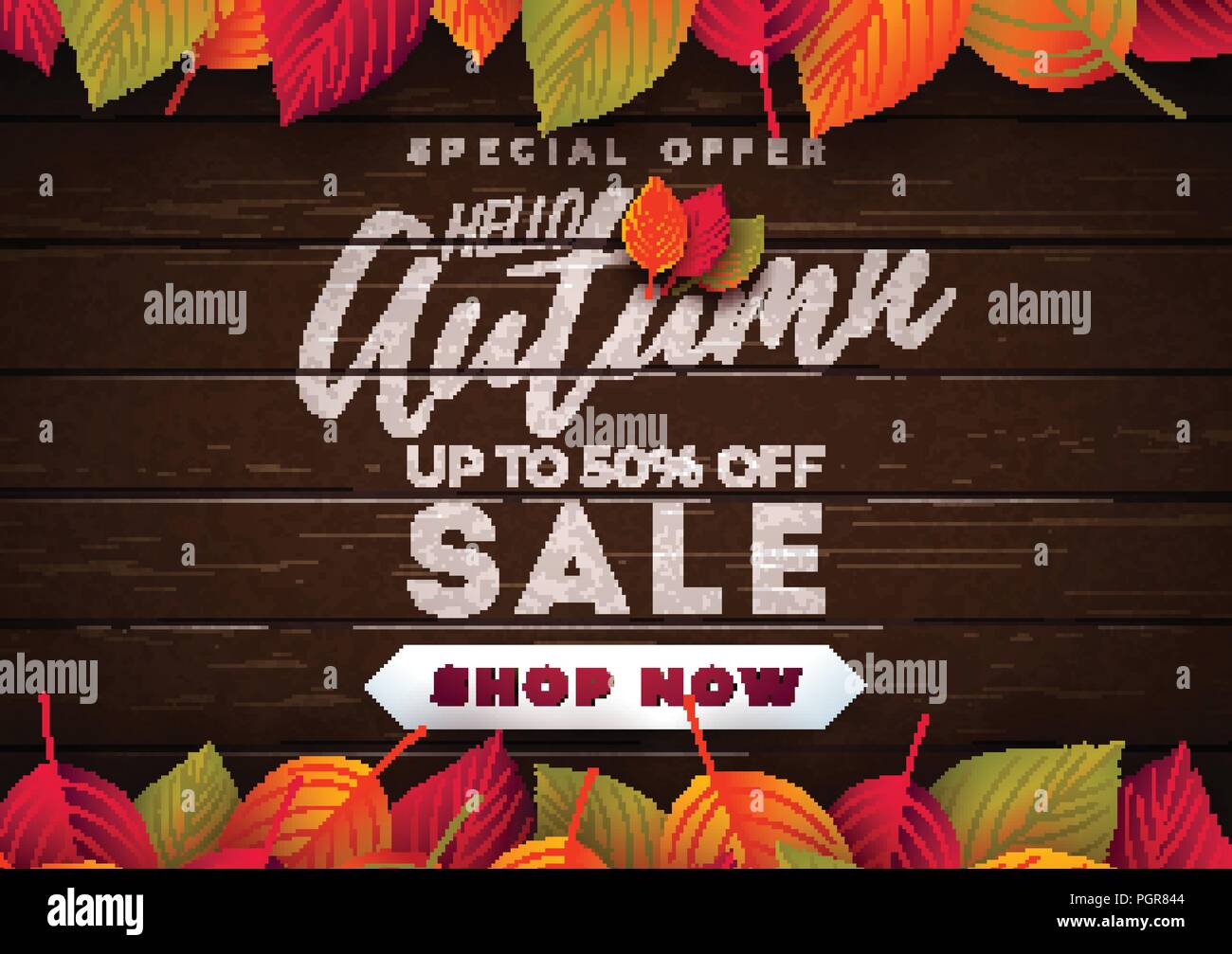 Autumn Sale Design with Falling Leaves and Lettering on Wood Texture Background. Autumnal Vector Illustration with Special Offer Typography Elements for Coupon, Voucher, Banner, Flyer, Promotional Poster or Greeting Card. Stock Vector