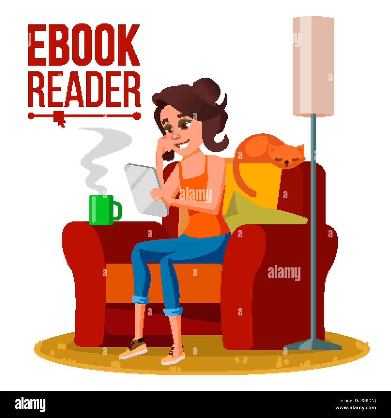 EBook Reader Vector. Girl. Online Library. Using Ebook. Electronic