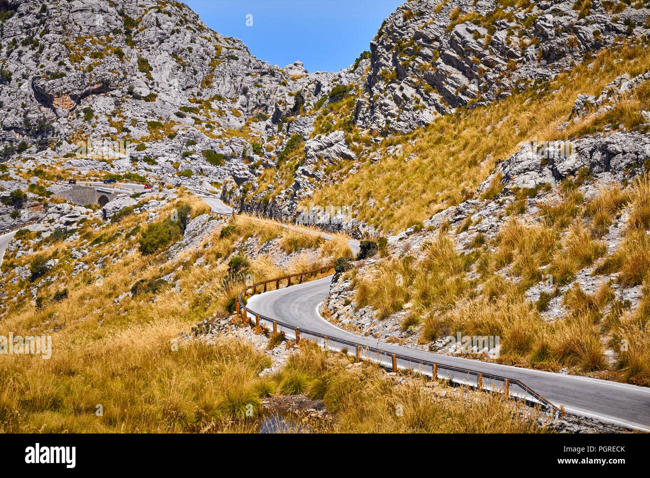 Curvy stretch of a mountain road, Mallorca, Spain. Stock Photo