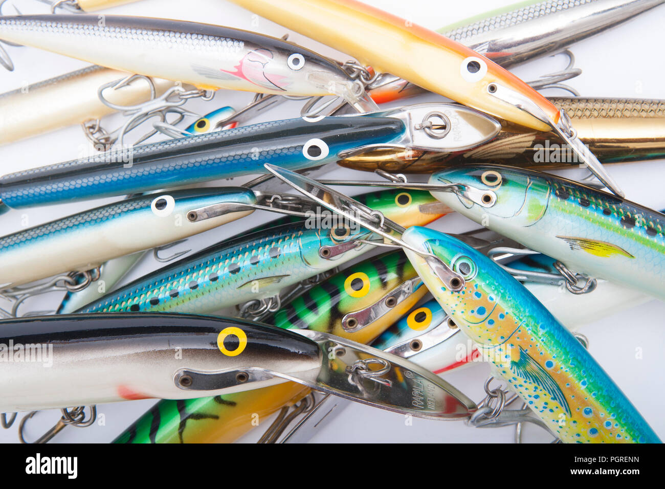 A selection of modern Rapala lures, or plugs, designed for catching large predatory fish. From a collection of vintage and modern fishing tackle. Nort Stock Photo
