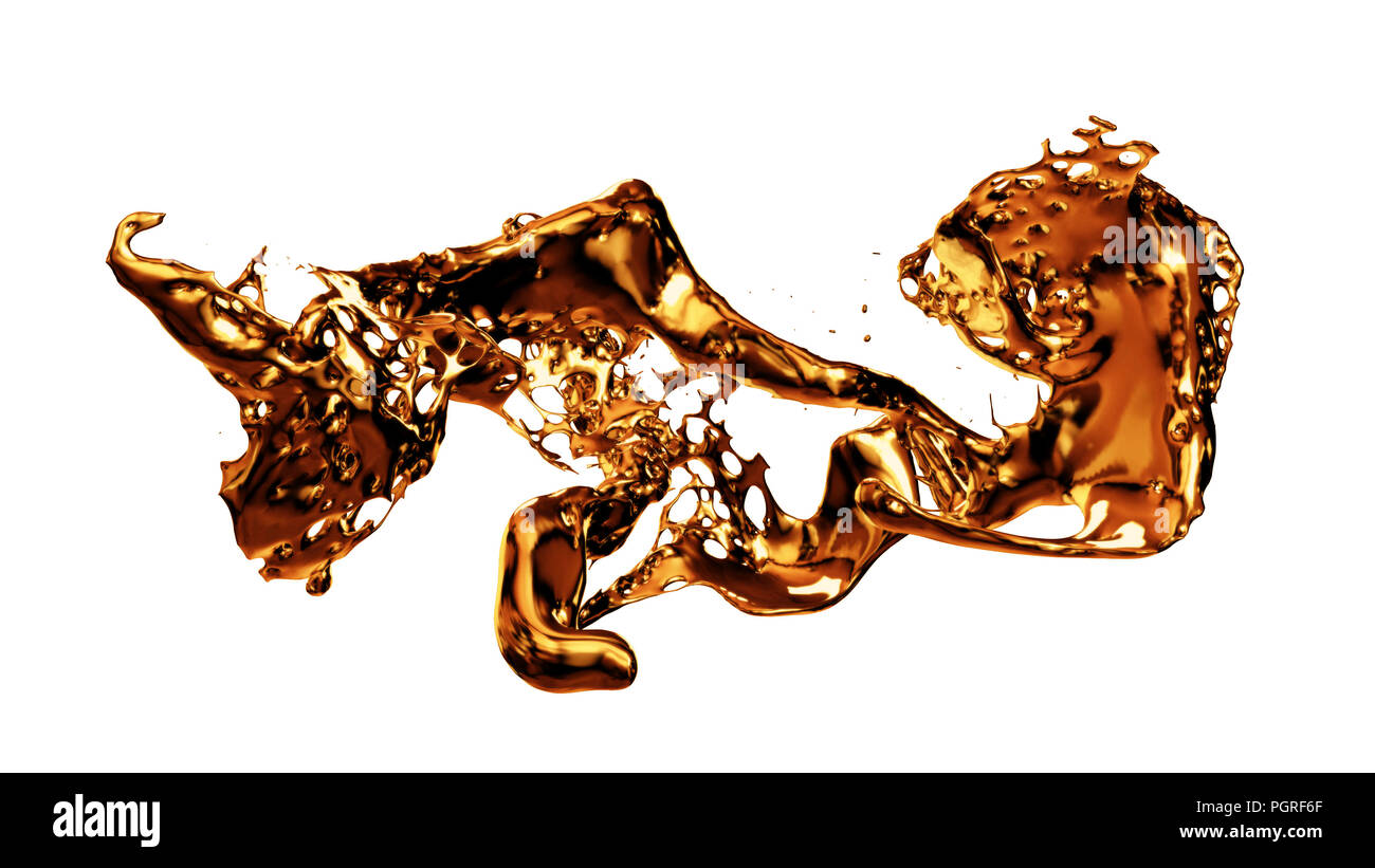 color paint splash, stream of liquid gold (3d illustration isolated on empty white background) Stock Photo