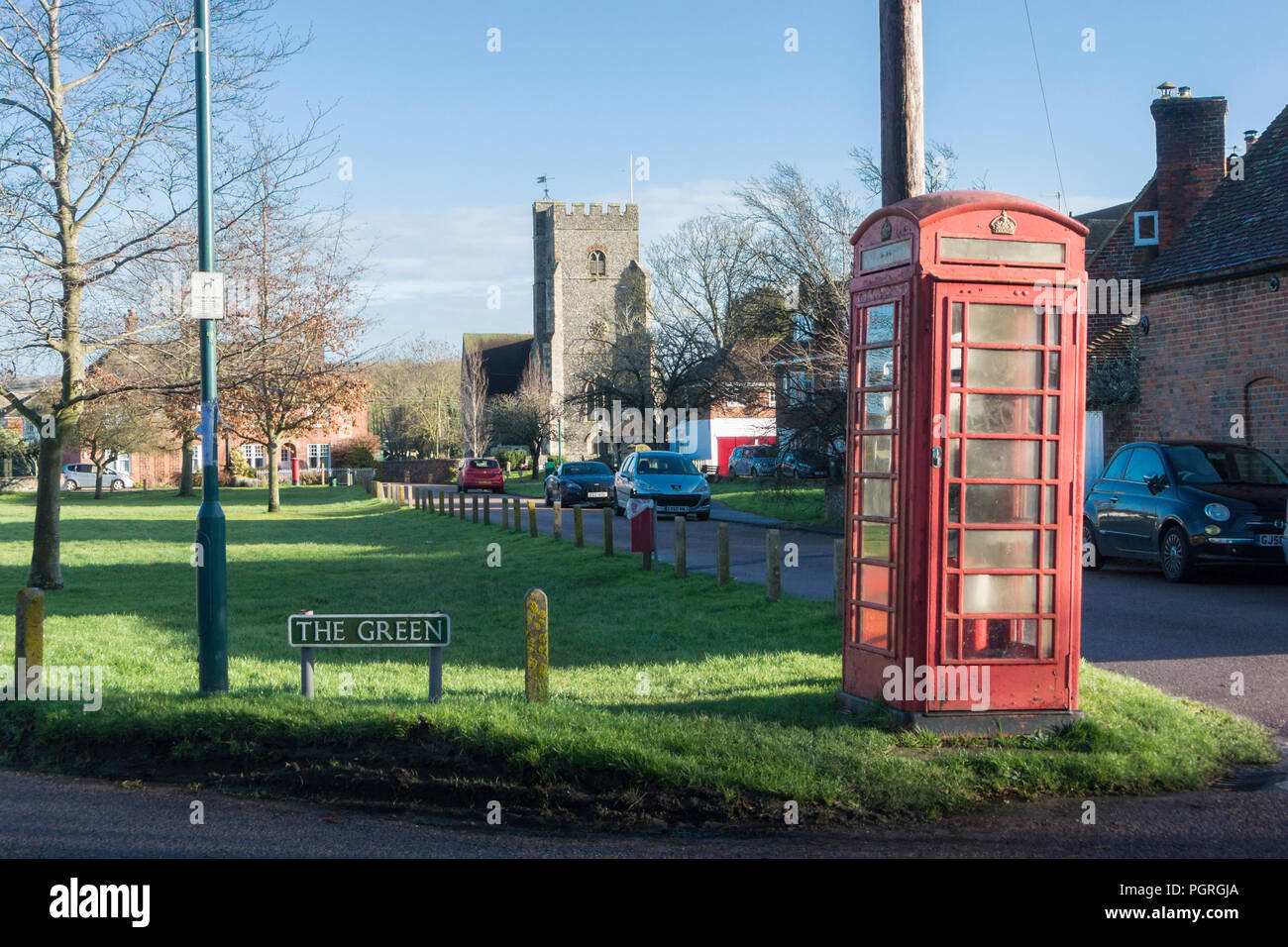 The Green, phone box and church in the ancient village of Chartham