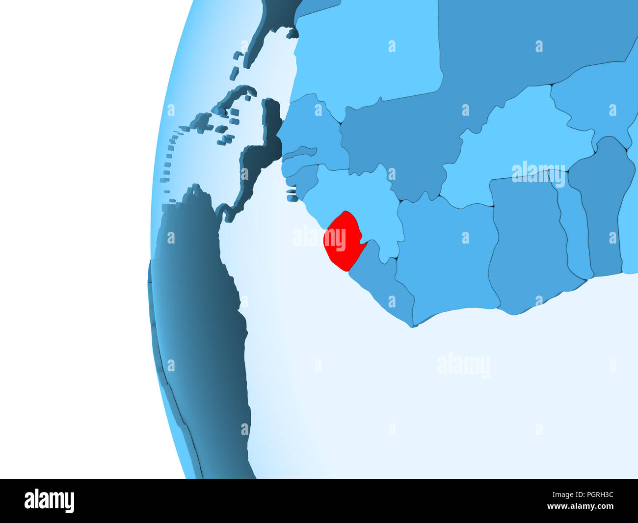 3D render of Sierra Leone in red on blue political globe with ...