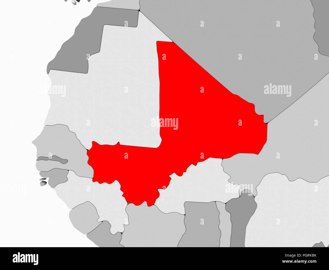 Mali in red on grey political map with transparent oceans. 3D ...