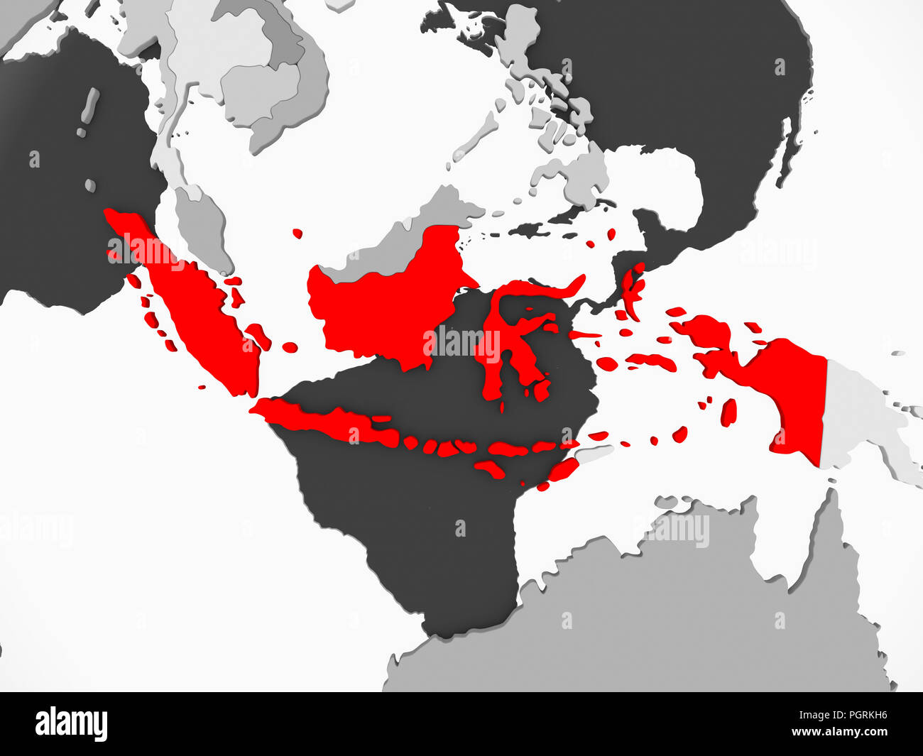 Indonesia in red on grey political map with transparent oceans. 3D illustration. Stock Photo