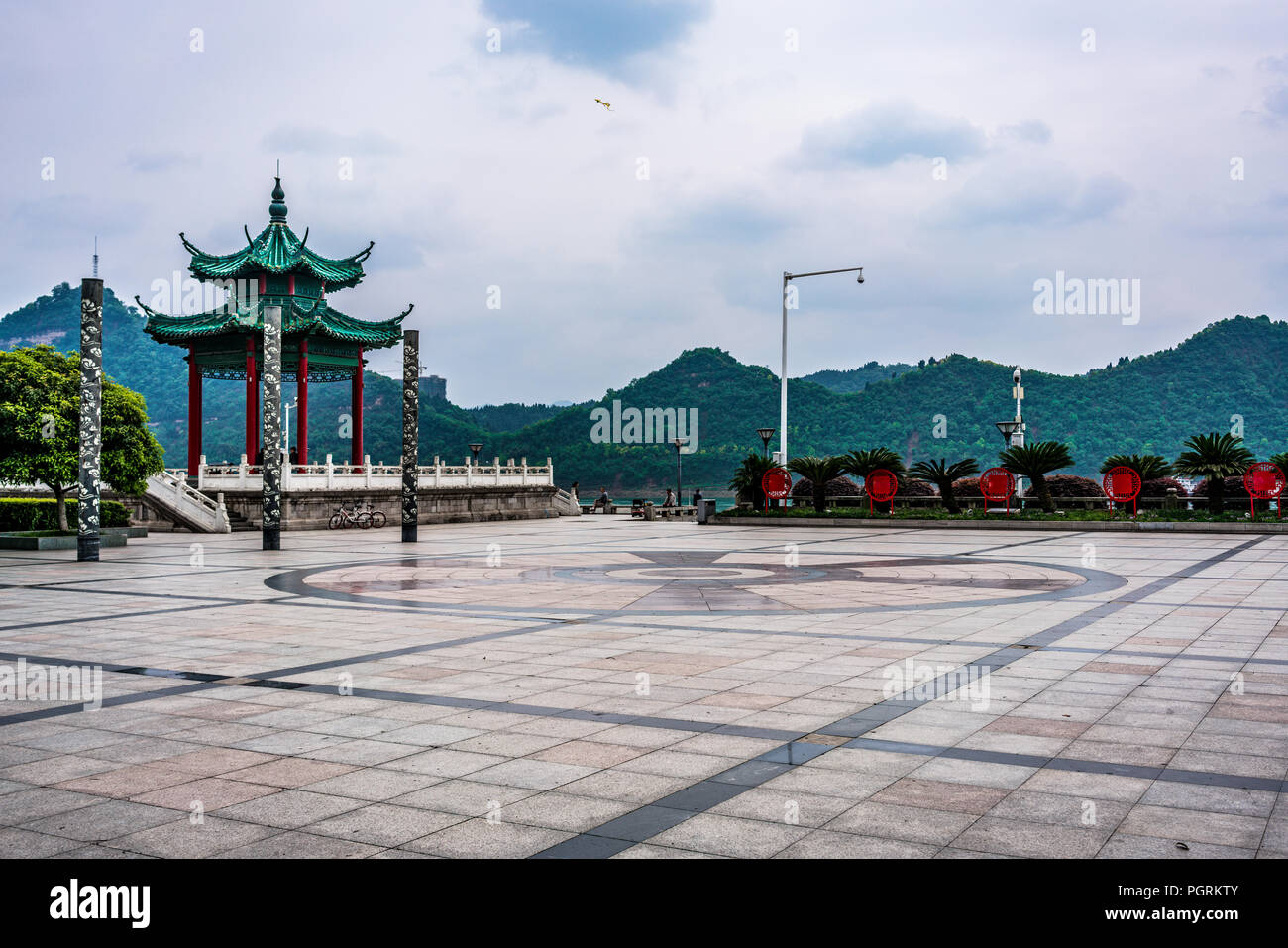 Pavilion and square in Binjiang riverside park along the Yangtze river in Yichang Hubei China HDR Stock Photo