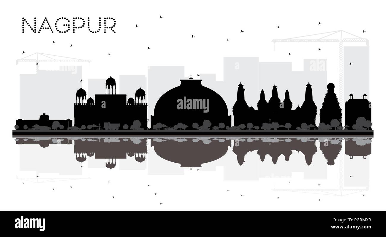 Nagpur India City skyline black and white silhouette with Reflections. Stock Vector