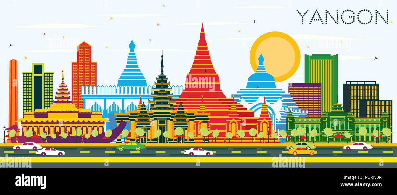 Yangon Myanmar City Skyline with Color Buildings and Blue Sky. Vector Illustration. Business Travel and Tourism Concept with Historic Architecture. Stock Vector