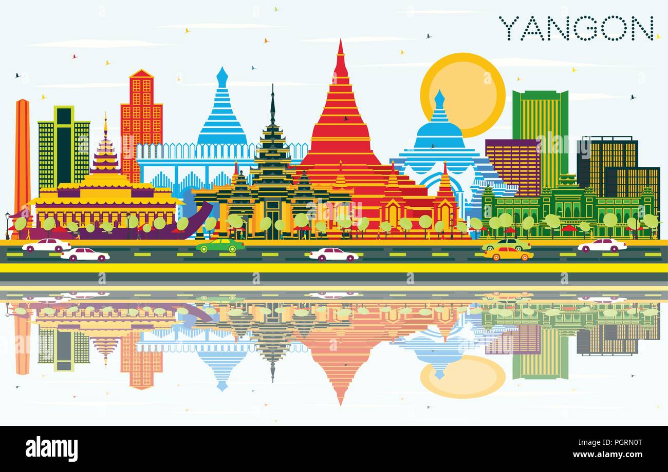 Yangon Myanmar City Skyline with Color Buildings, Blue Sky and Reflections. Vector Illustration. Stock Vector