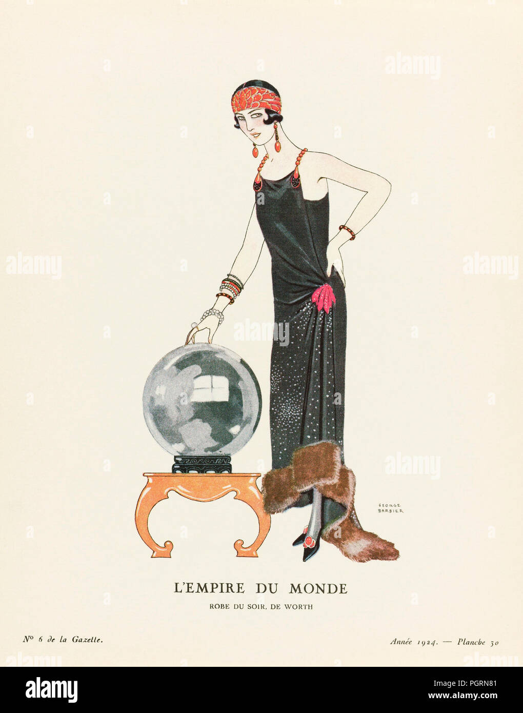 L‘Empire du Monde.  The Empire of the World.  Robe du Soir, de Worth.  Evening dress by Worth.  Art-deco fashion illustration by French artist George Barbier, 1882-1932.  The work was created for the Gazette du Bon Ton, a Parisian fashion magazine published between 1912-1915 and 1919-1925. Stock Photo