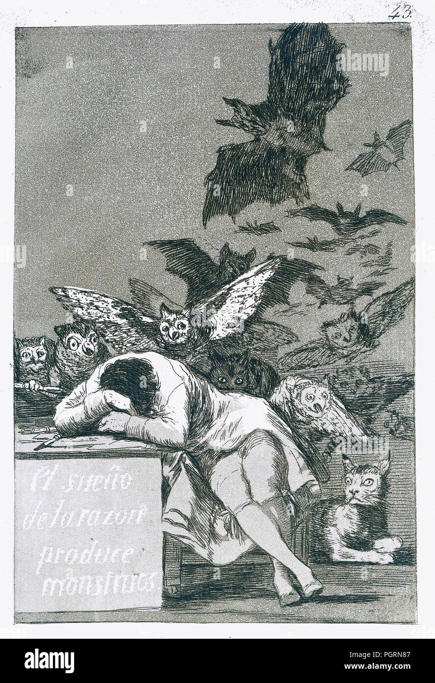 El Sueño De La Razon Produce Monstruos - The Dream of Reason Produces Monsters.  By Francisco de Goya, Number 43 from his series Los Caprichos Stock Photo