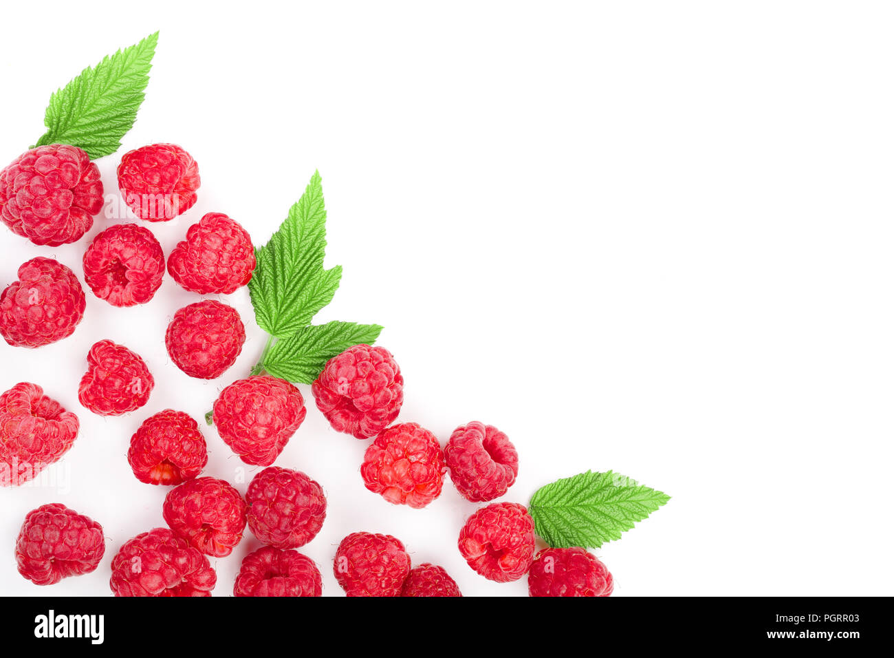 Raspberry Flat Lay raspberries with leaves isolated on white background with copy space ...