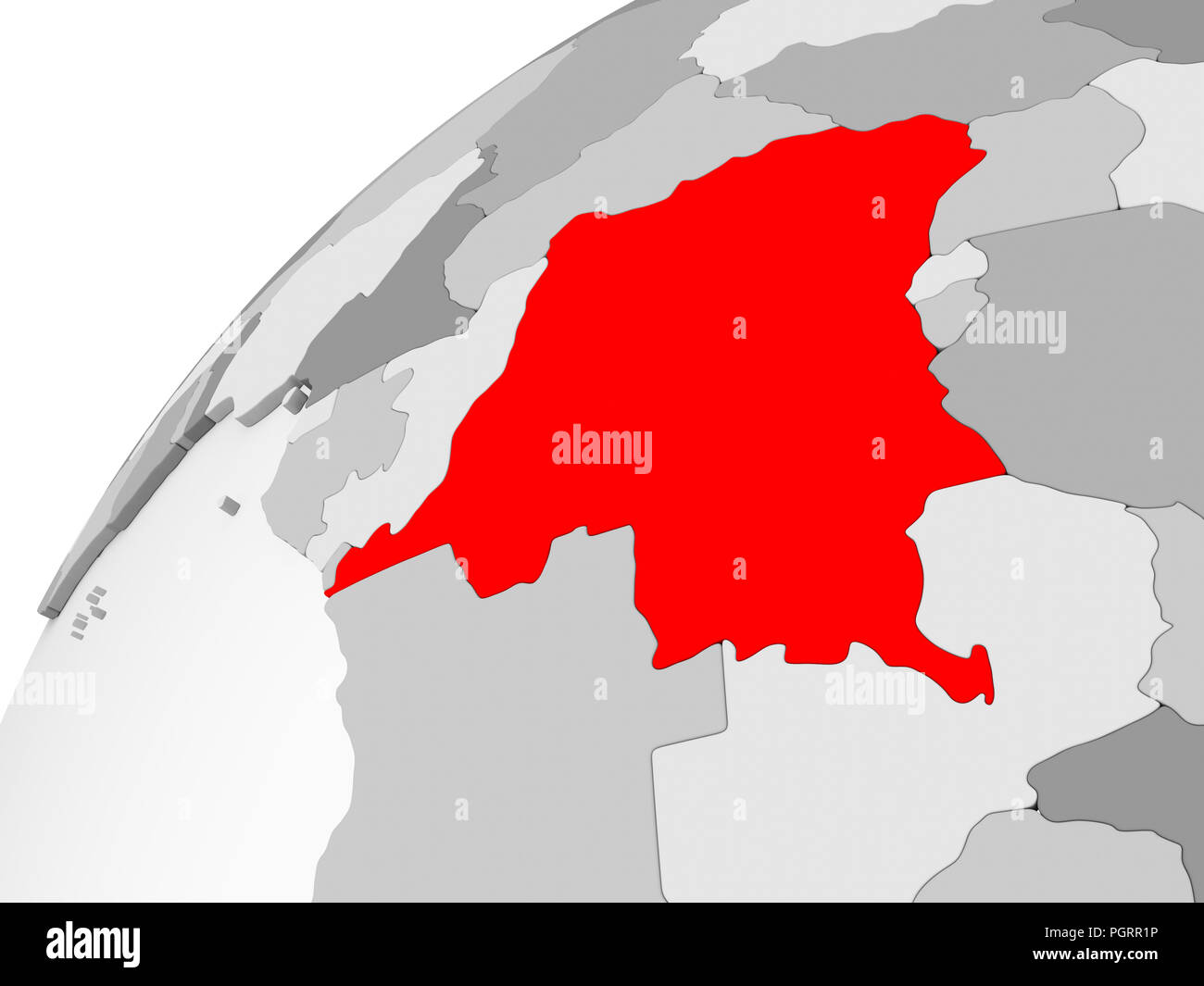 Map of Democratic Republic of Congo in red on grey political globe with ...