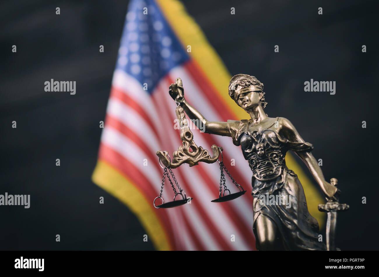 Law and Justice, Legality concept, Scales of Justice,  Lady Justice in front of the American flag in the background. Stock Photo