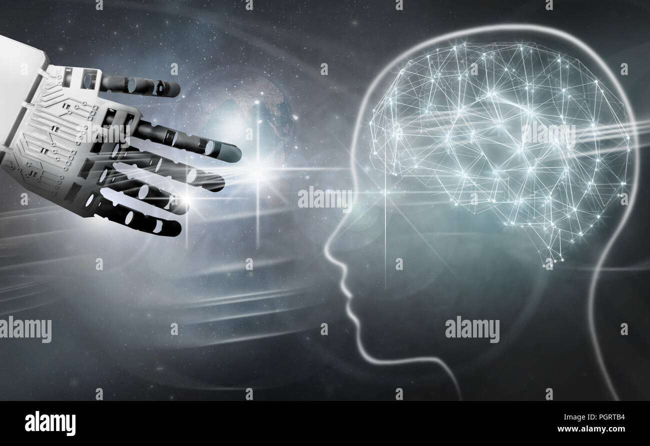 Robot hand reaching towards digital brain Stock Photo