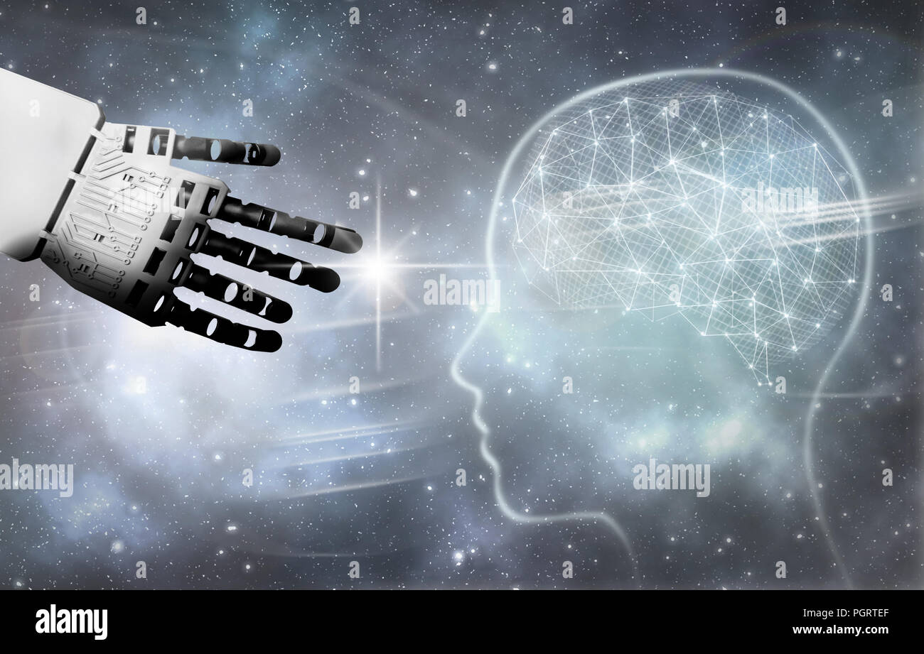 Robot hand reaching towards a brain Stock Photo