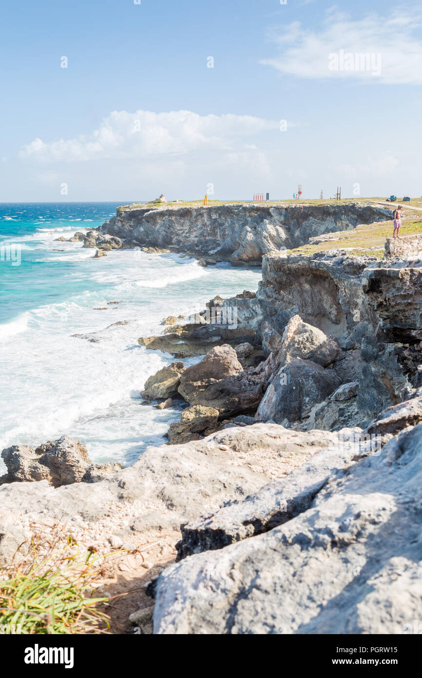 Ocean cliffs overlooking the Caribbean on Isla Mujeres. Stock Photo