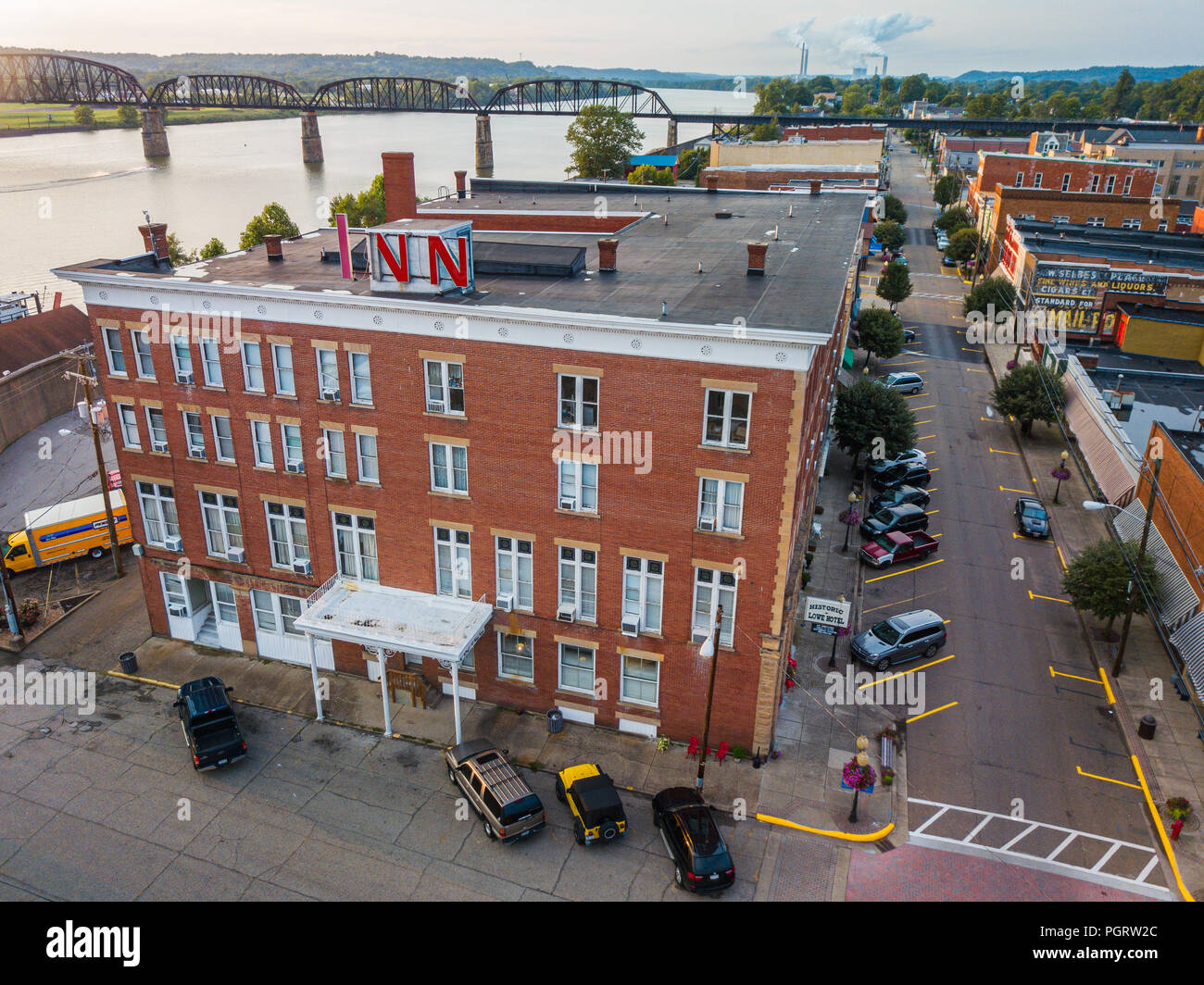 An aerial view down main street in Point Pleasant, West Virginia with the historic Lowe Hotel in full view. Stock Photo