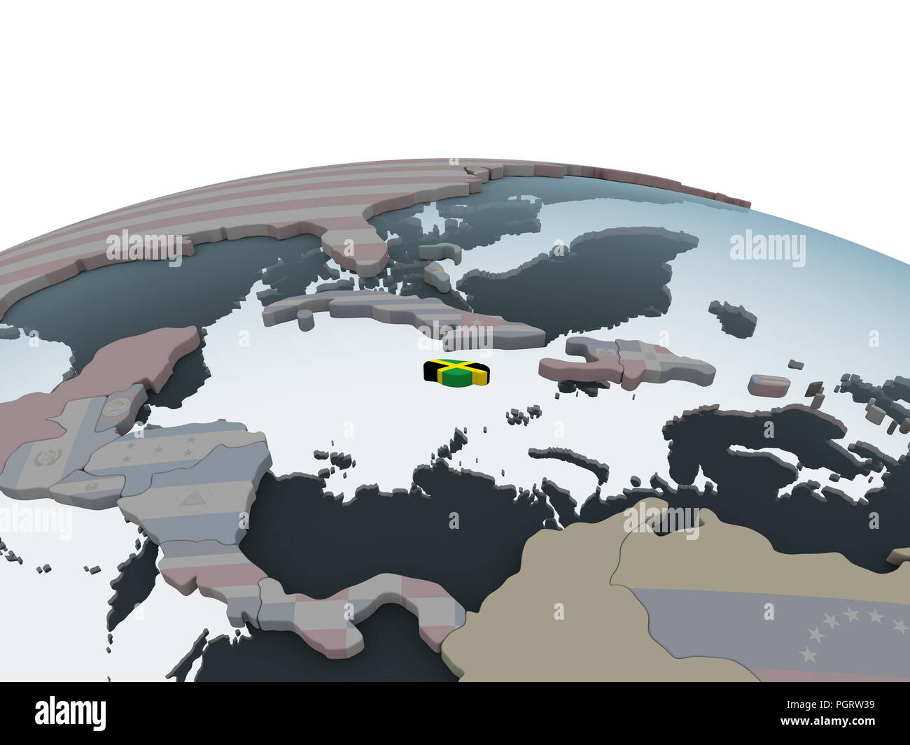 Jamaica on political globe with embedded flag. 3D illustration Stock ...