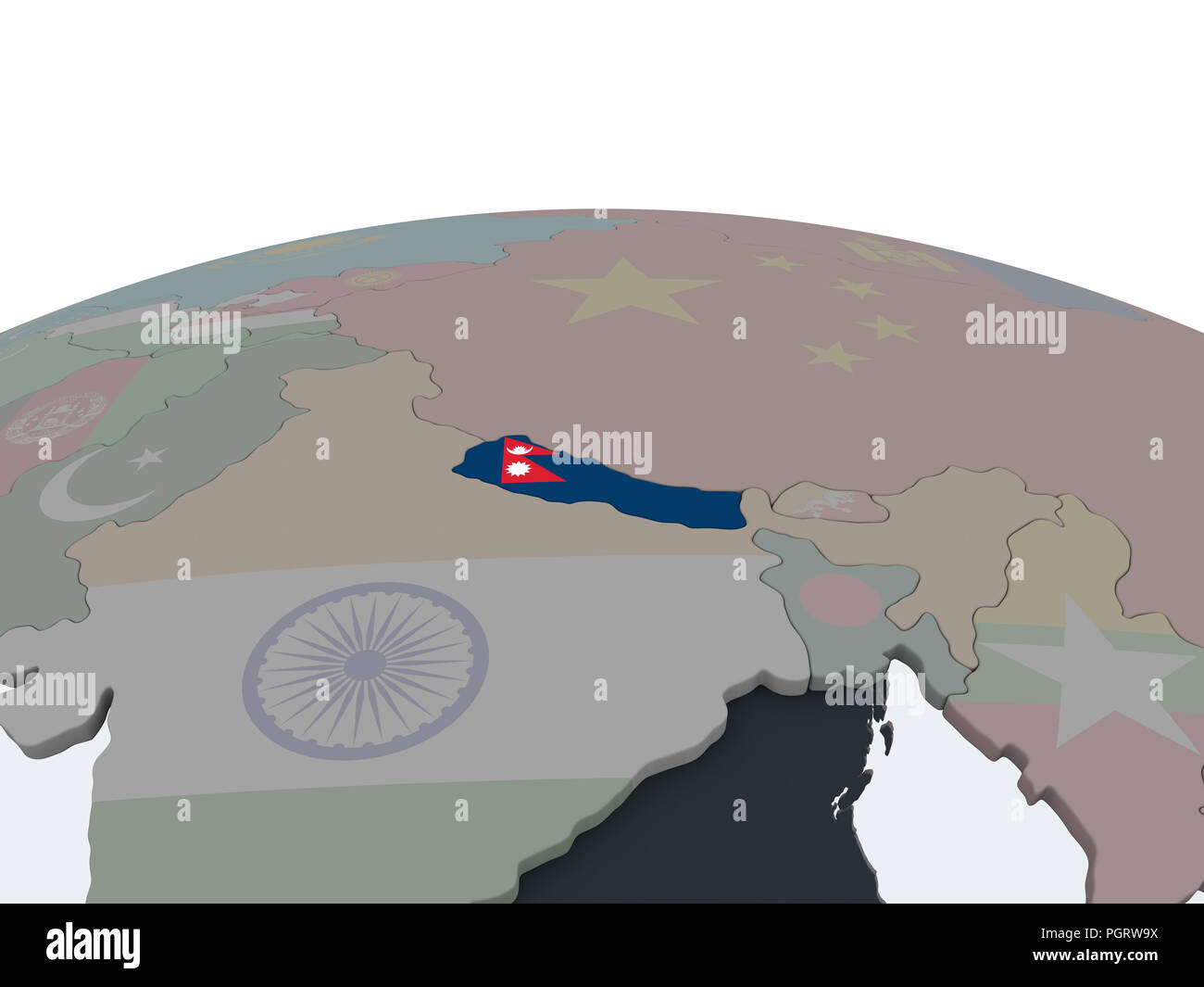 Nepal on political globe with embedded flag. 3D illustration Stock ...