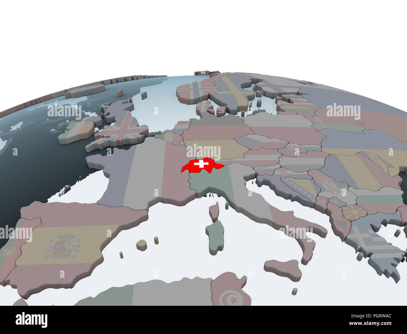 Switzerland on political globe with embedded flag. 3D illustration ...