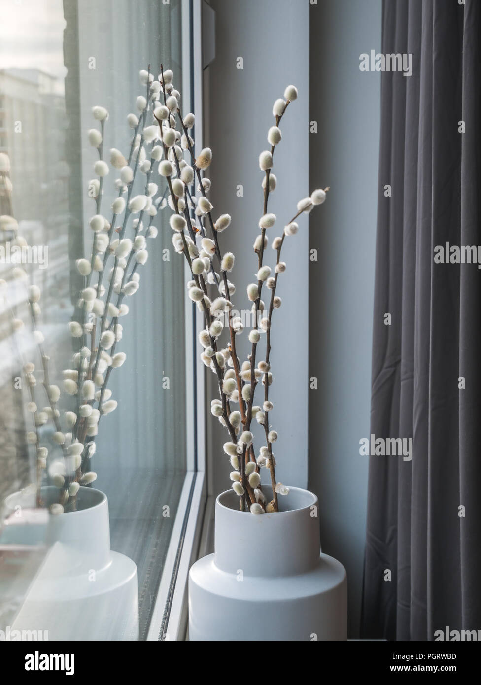 White Willow branches or twigs in a grey vase near a window at home. Scandinavian design. Stock Photo