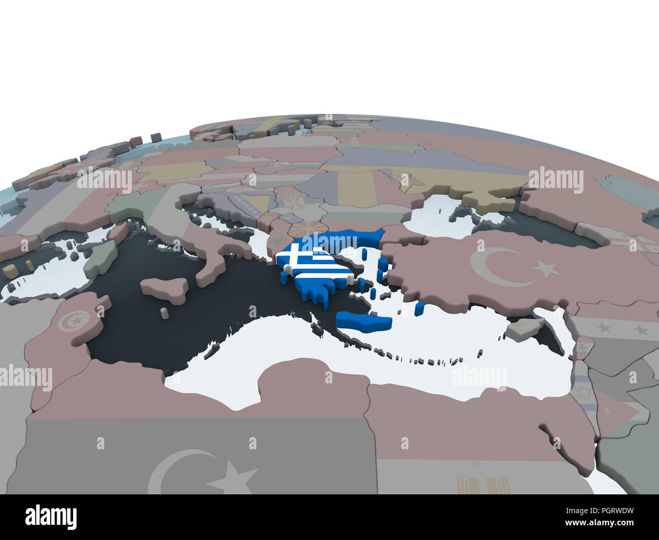Greece on political globe with embedded flag. 3D illustration Stock ...