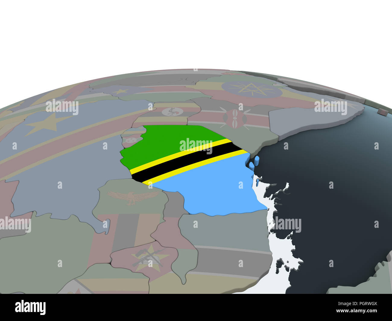 Tanzania on political globe with embedded flag. 3D illustration Stock ...