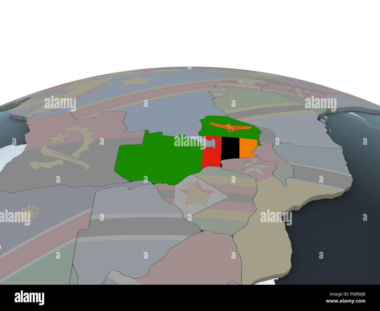 Zambia on political globe with embedded flag. 3D illustration Stock ...
