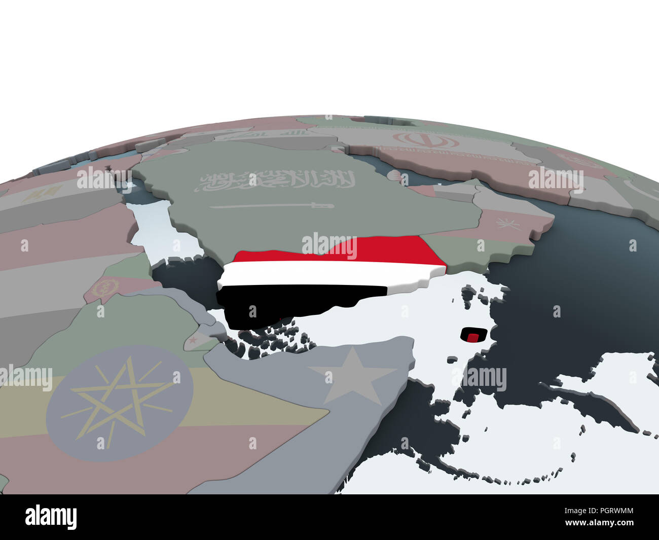 Yemen on political globe with embedded flag. 3D illustration Stock ...