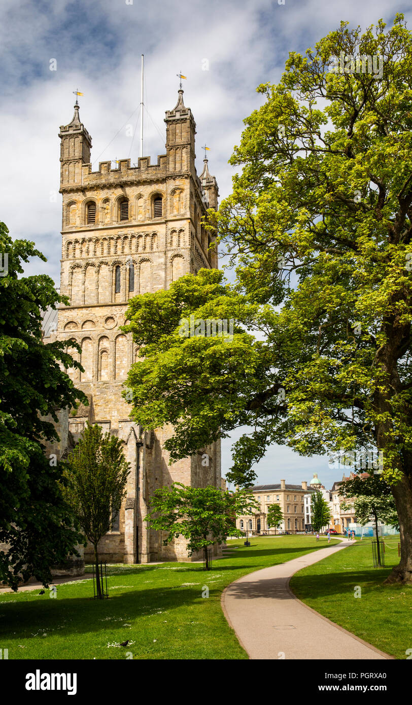 UK, England, Devon, Exeter, Cathedral Green, Cathedral tower Stock Photo