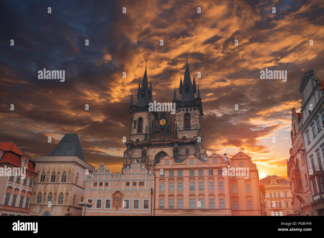 Prague Old town square, Tyn Cathedral. under sunlight. Stock Photo