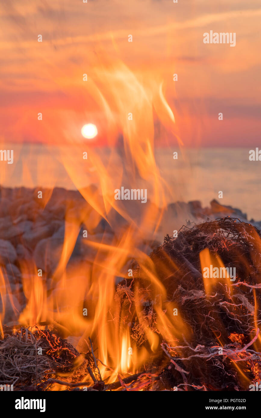 A fire burns near the sea at sunset. Stock Photo