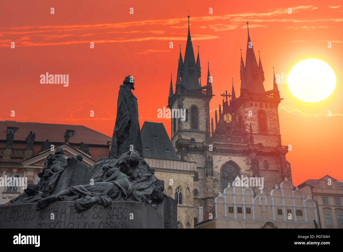 Summer heat. Prague Old town square, Tyn Cathedral. under sunlight. Stock Photo