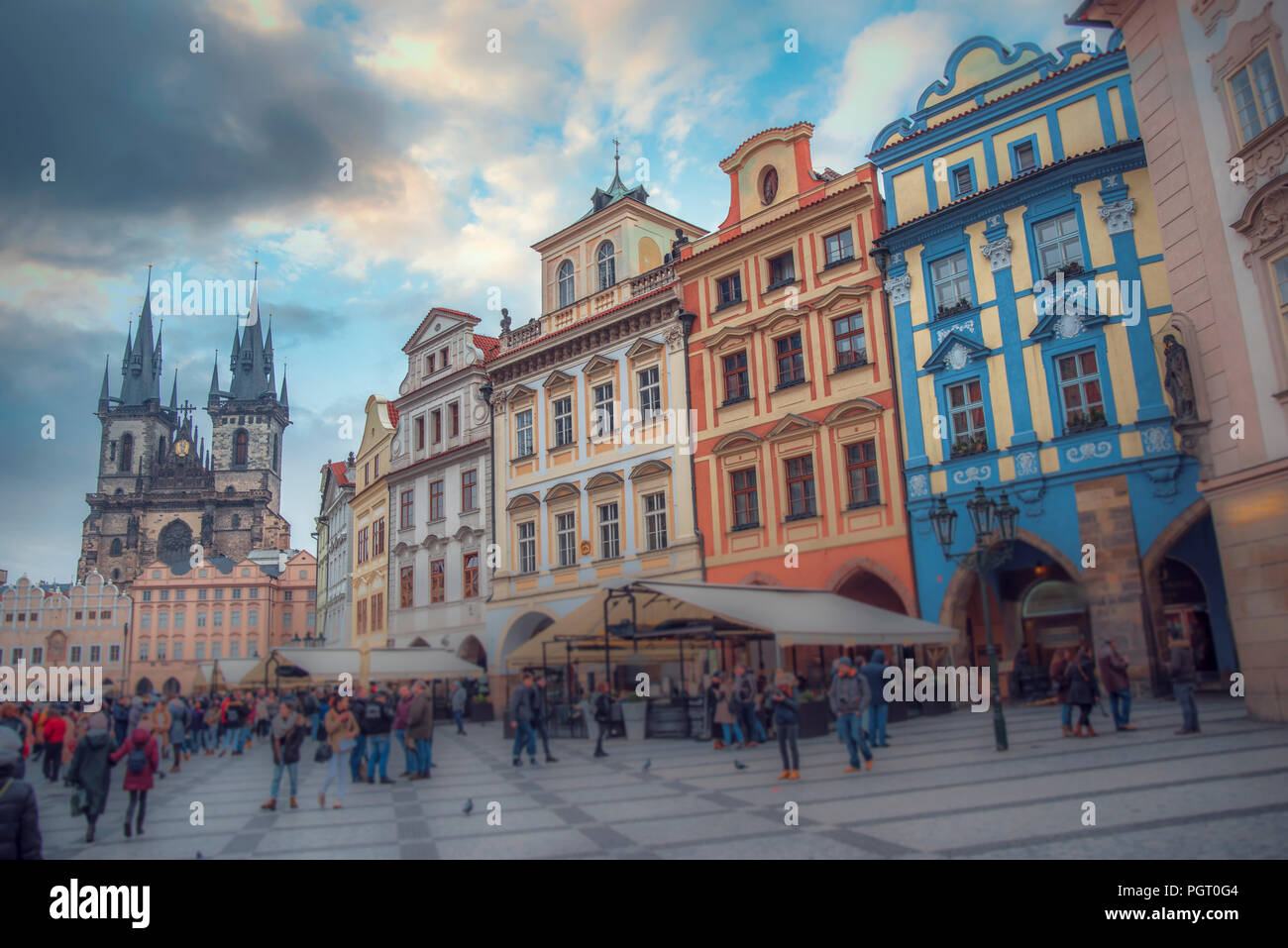 Prague Old town square, Tyn Cathedral. under sunlight. Stock Photo