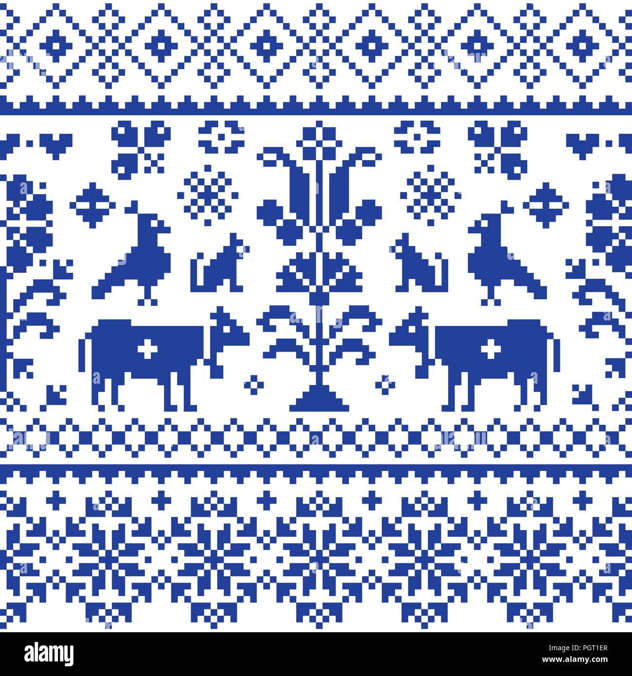 Cross stitch vector seamless folk art pattern - repetitive background inspired Swiss old style retro embroidery with flowers and animals Stock Vector