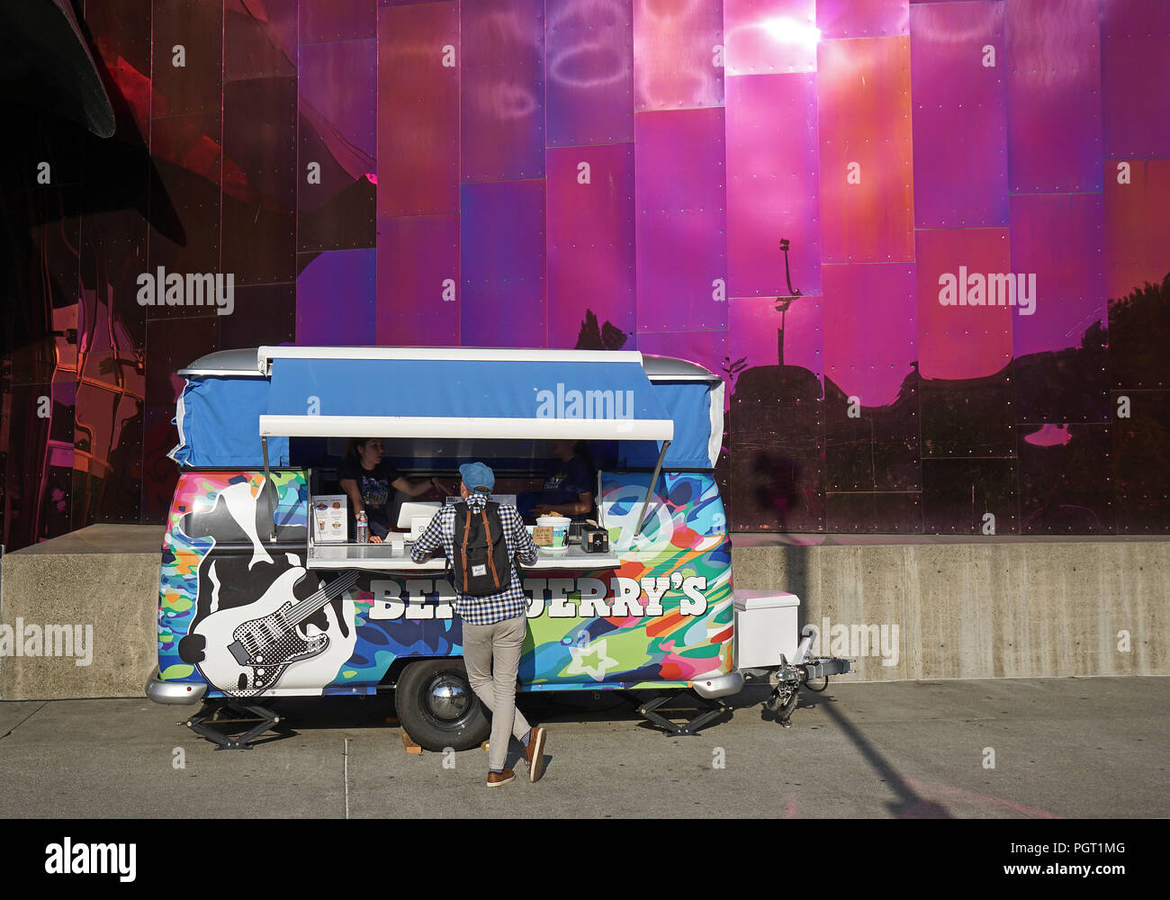 Ice cream van in front of the Museum of Pop Culture in Seattle, Washington, USA. Stock Photo