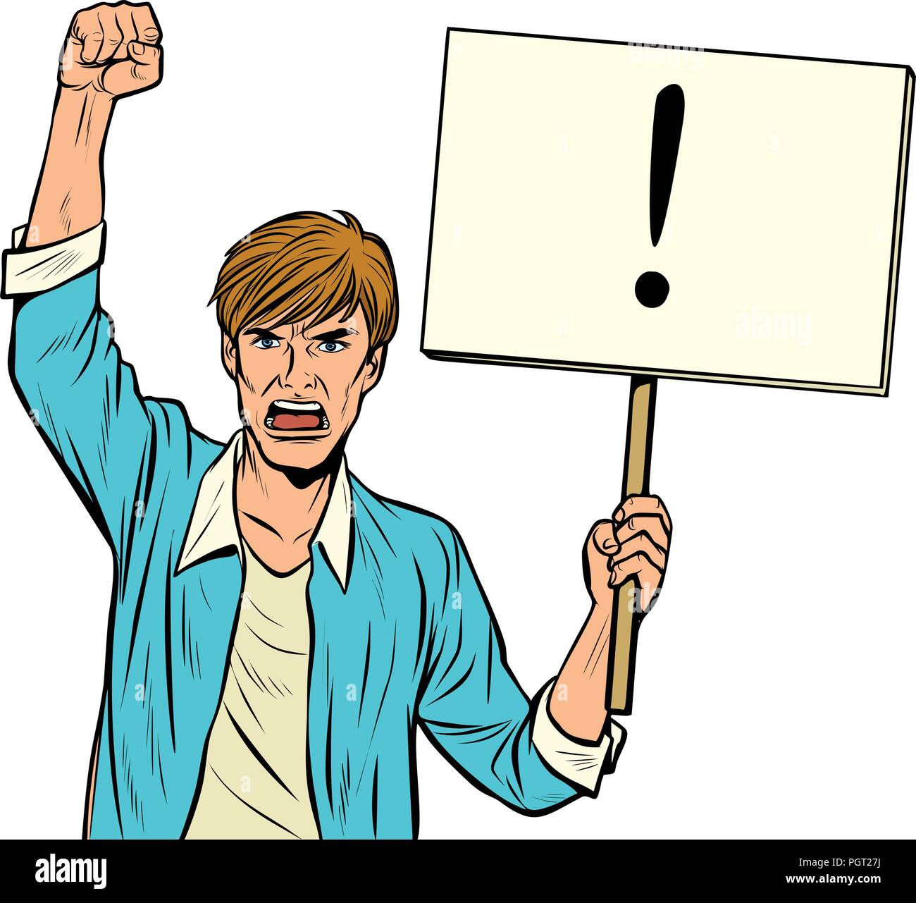 A man protests with a poster. Isolate on white background Stock Vector