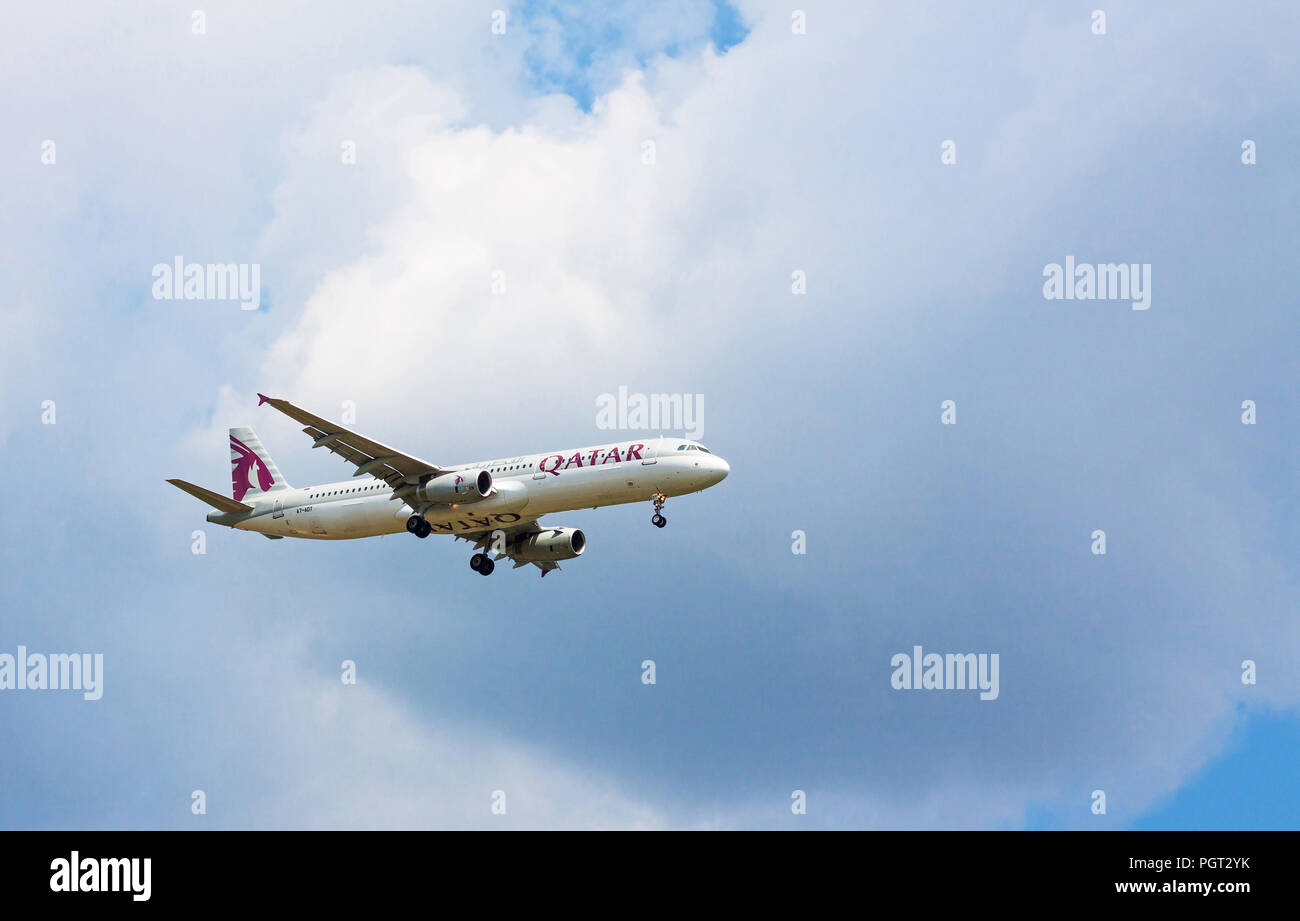 Budapest Liszt Ferenc, Hungary – June 11, 2018: A Qatar Airways Airbus A321-231 with the registration A7-ADT on approach to Budapest Liszt Ferenc Airp Stock Photo