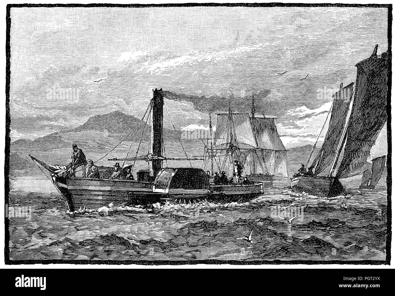 1887 engraving of the paddle steamer P.S. Comet. Built for Henry Bell by John Wood & Company of Glasgow. He operated the first steamer service in Europe from Glasgow to Greenock in 1812. Stock Photo