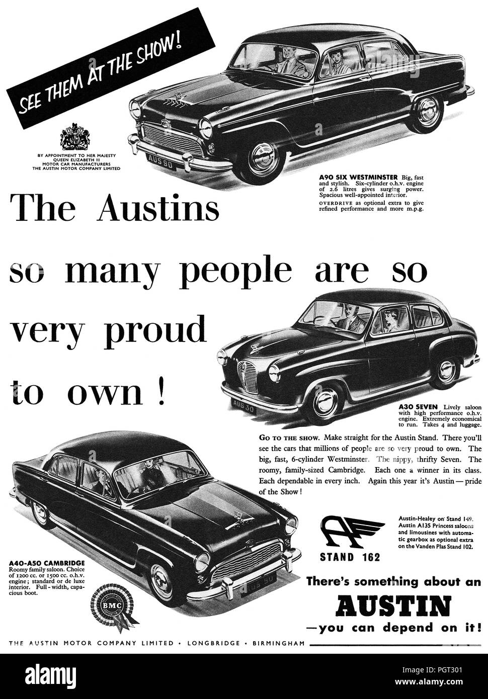 1955 British advertisement for Austin motor cars. Stock Photo