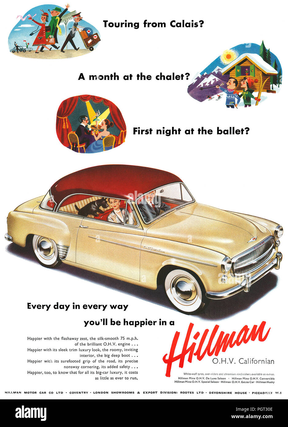 1955 British advertisement for the Hillman O.H.V. Californian motor car. Stock Photo