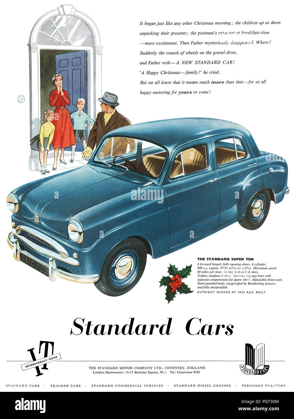 1955 British Christmas advertisement for the Standard Super Ten motor car. Stock Photo