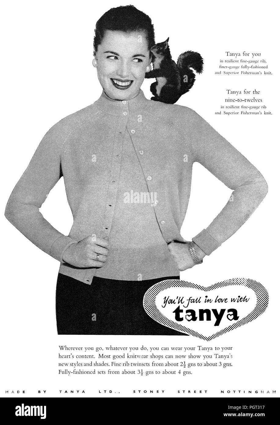 1956 British advertisement for Tanya knitwear. Stock Photo
