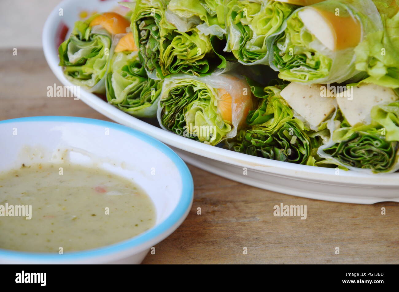 Thai fresh spring roll on dish Stock Photo