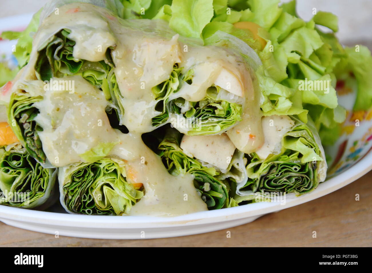 Thai fresh spring roll on dish Stock Photo