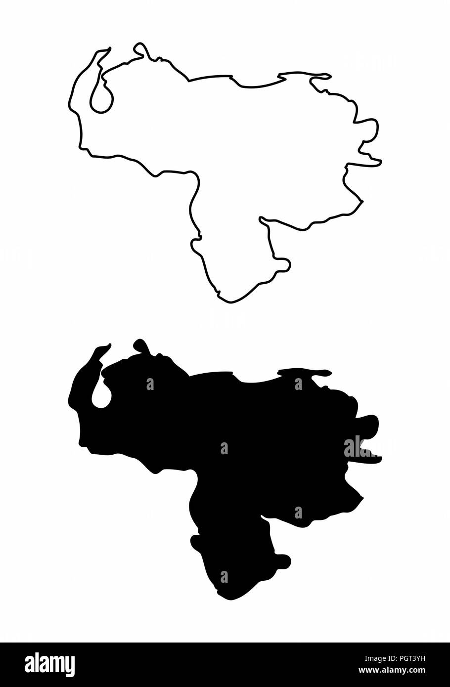 Simplified maps of Venezuela. Black and white outlines. Stock Vector