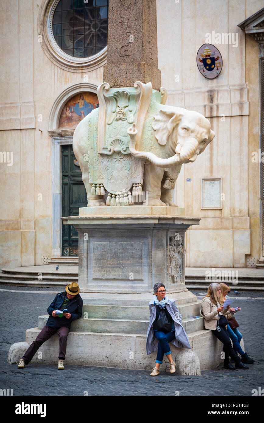 Rome, Italy. Piazza della Minerva.  The 17th century sculpture of the elephant by Bernini's pupil Ercole Ferrata supports a 6th century BC Egyptian ob Stock Photo