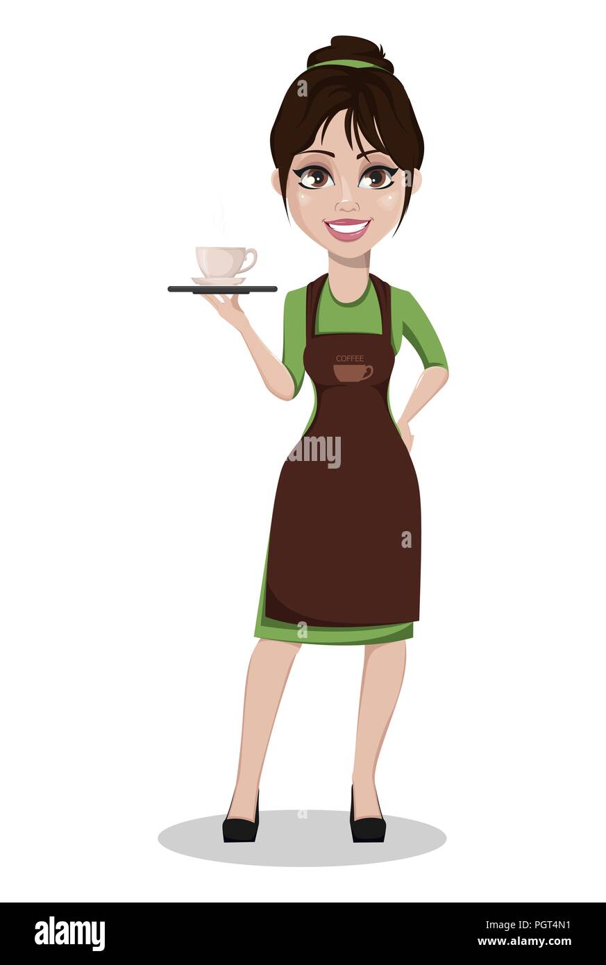 Young beautiful female barista in professional uniform. Cute cartoon  character holding tray with coffee. Vector illustration Stock Vector Image  & Art - Alamy